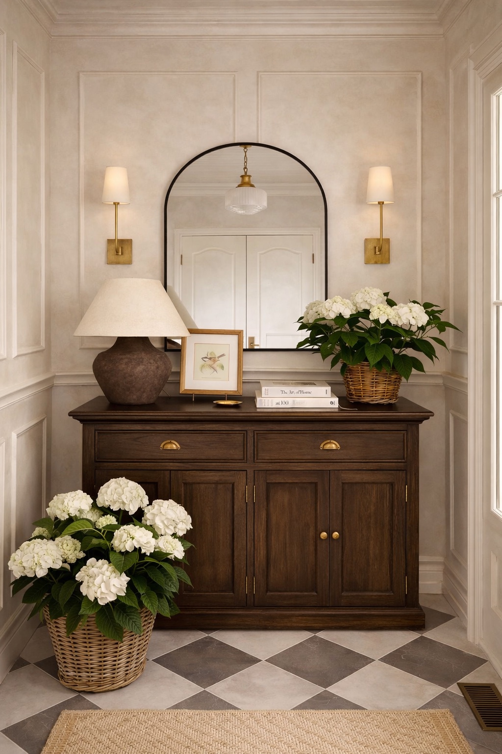 Refined hallway with dark wood console, arch mirror, brass sconces, and checkerboard floor.