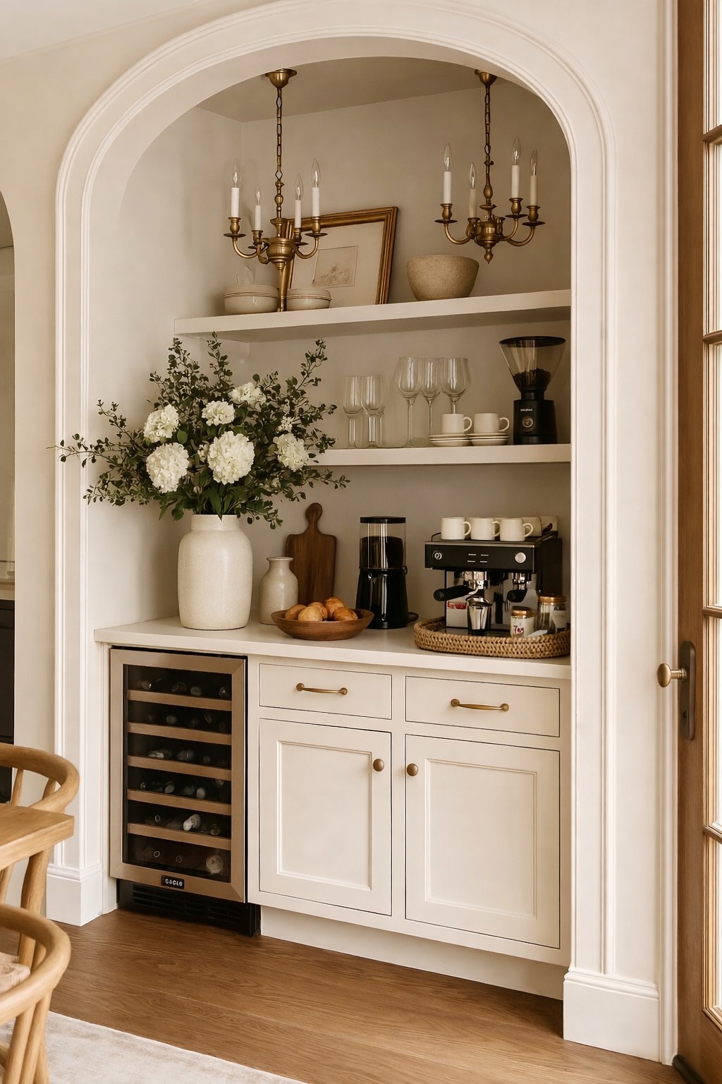 Arched built-in coffee bar with cream cabinetry, flowers, and warm brass lighting.