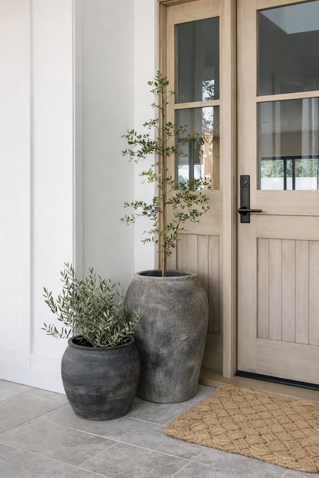 Light wood front door with sculptural planters and soft neutral entry styling.