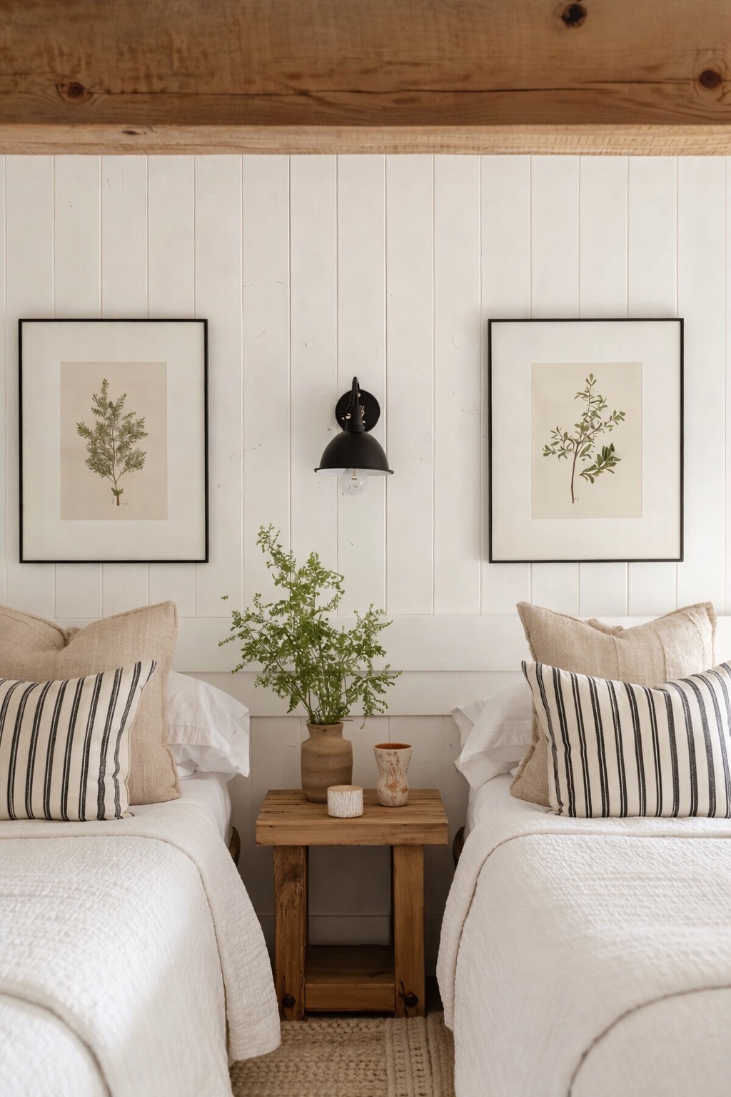 Twin bedroom with striped pillows, wood nightstand, and black sconce.