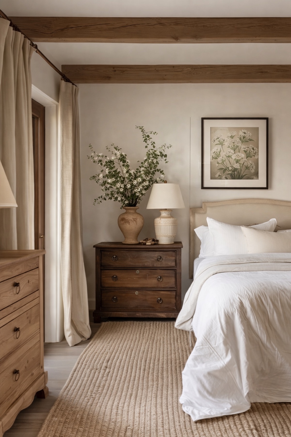 Warm bedroom with wood beams, neutral bedding, and dark wood dresser.